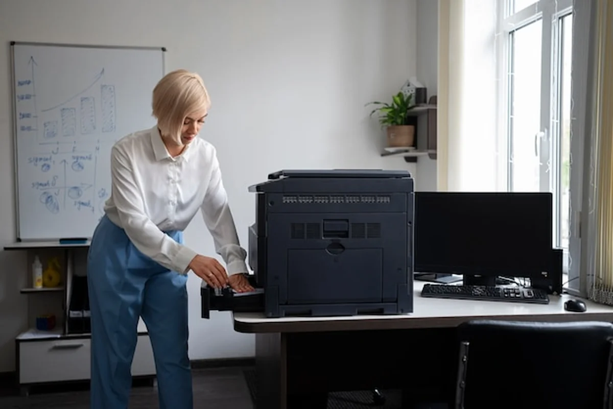 Kobieta w biurze używająca drukarki